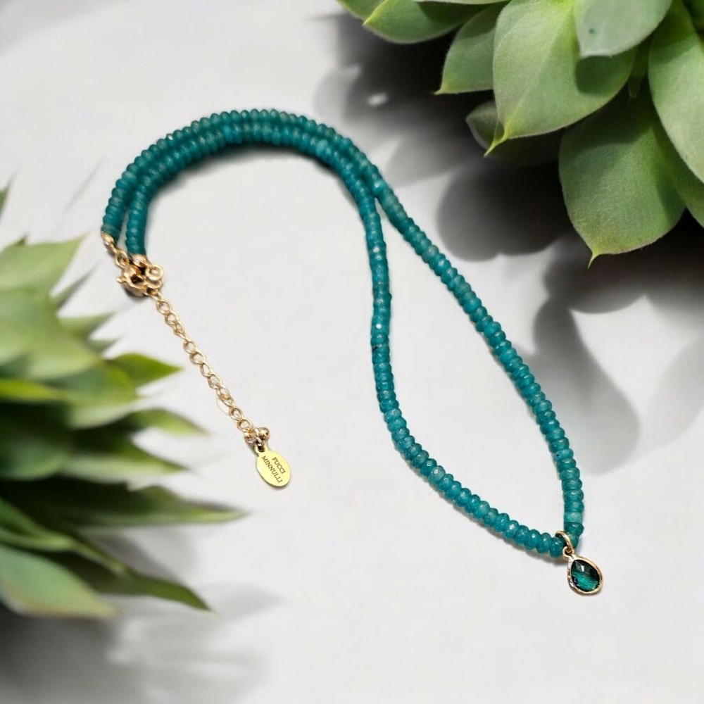 SALE!! Deep Aqua Necklace in Quartz Stones and Gold-Filled Teardrop Charm